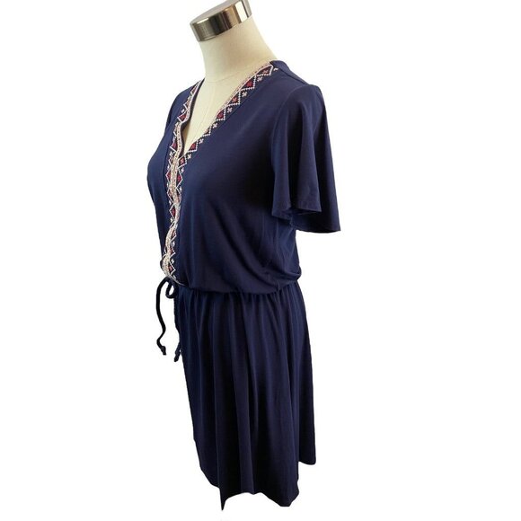 Small Tall Old Navy Navy Blue Knit Embroidered V-Neck Boho Dress - Picture 7 of 16
